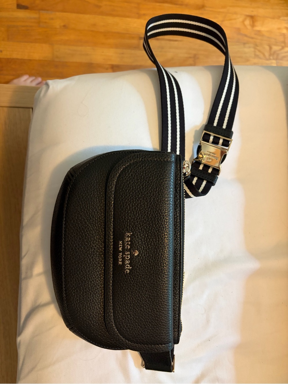 kate spade Black Pebbled Leather Belt Bag with Striped Strap